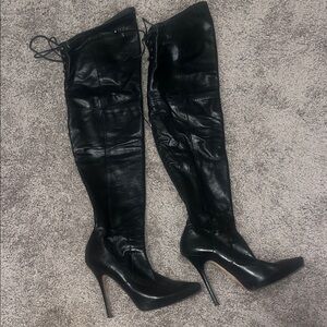 Jimmy Choo Black Leather Over-the-Knee High Heel Boots